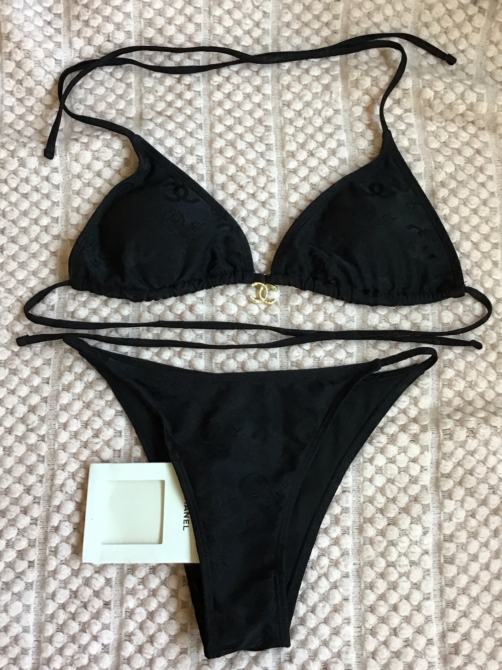 CHANEL Black Logo Triangle Bikini with Gold CC Charm